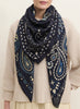 THE BANDANA SQUARE - Navy printed modal and cashmere scarf - model