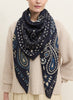THE BANDANA SQUARE - Navy printed modal and cashmere scarf - female model