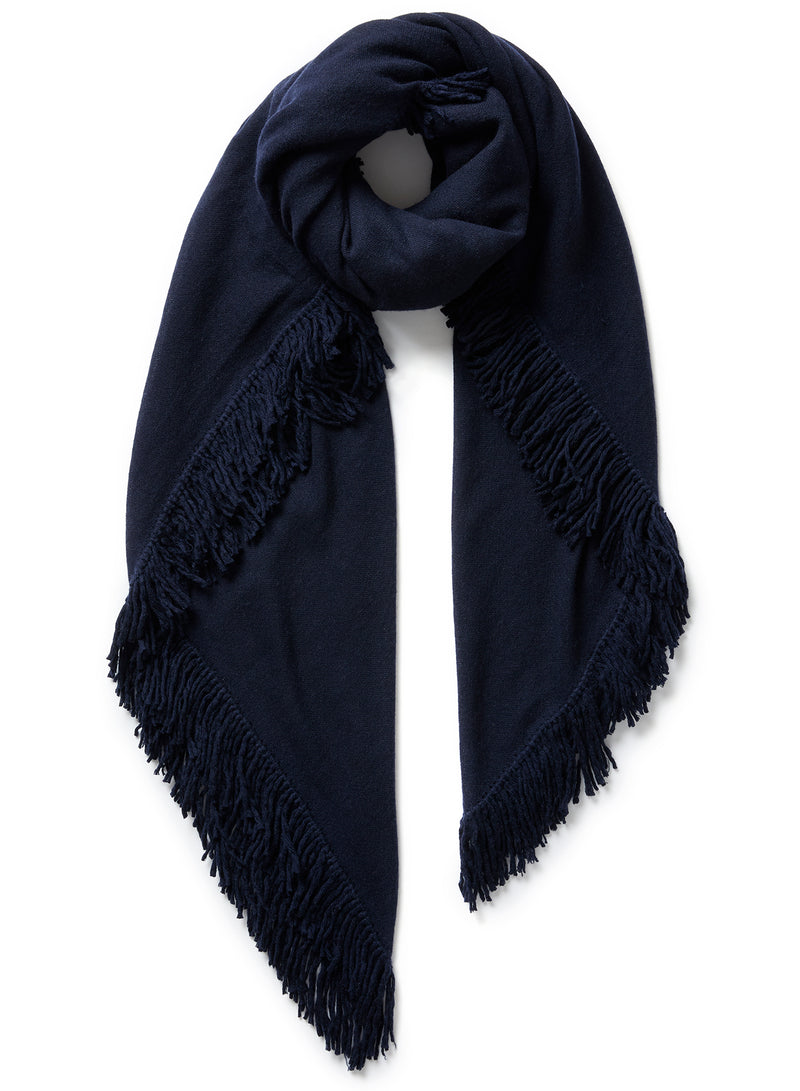 The Chalet Square - Navy blue fringed pure cashmere scarf – JANECARR