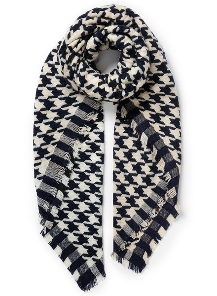 JANECARR - THE HOUNDSTOOTH SQUARE IN CHECKED CASHMERE AND WOOL - MARINER - TIED
