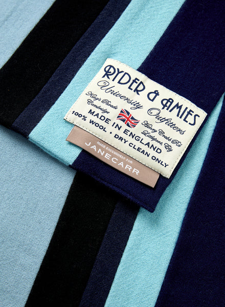 THE SCHOOL SCARF - Pilot blue and black striped wool scarf - detail