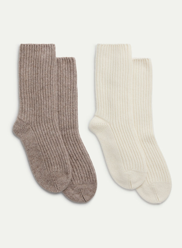 JANECARR - Set Of Two Women’s Ribbed Cashmere Lounge Socks, Taupe And White - Flat Pair