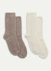 JANECARR - Set Of Two Women’s Ribbed Cashmere Lounge Socks, Taupe And White - Flat Pair