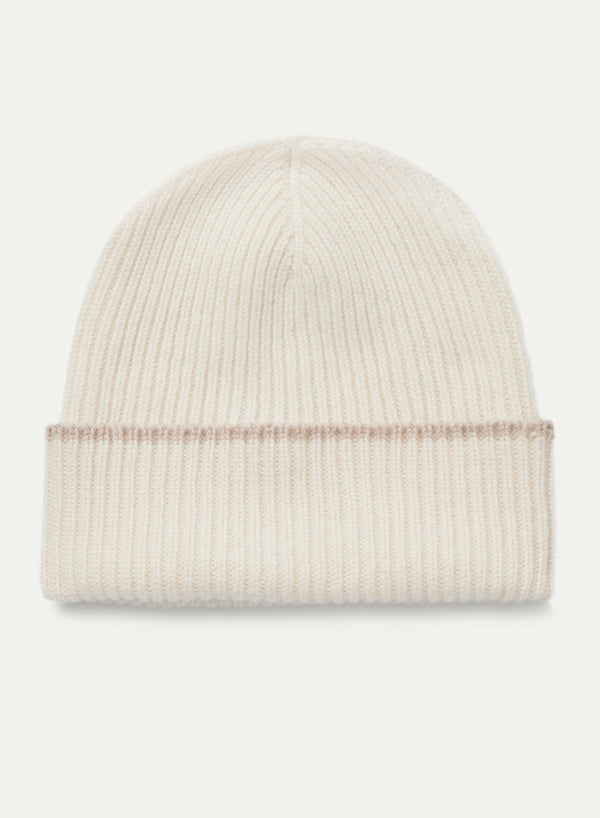 JANECARR - The Ribbed Cashmere Beanie, White And Camel - Flat