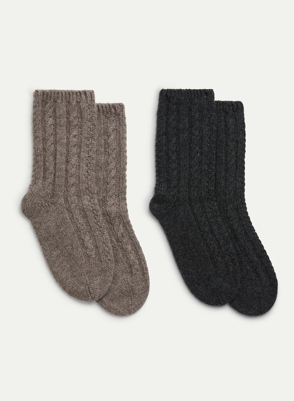 JANECARR - Set Of Two Men’s Cable Cashmere Lounge Socks, Charcoal And Wood - Flat Pair