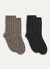 JANECARR - Set Of Two Men’s Cable Cashmere Lounge Socks, Charcoal And Wood - Flat Pair