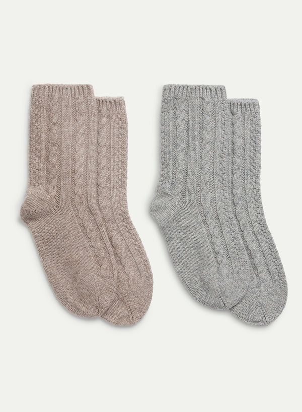 JANECARR - Set Of Two Women’s Cable Cashmere Lounge Socks, Mist And Taupe - Flat Pair
