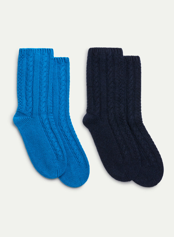 JANECARR - Set Of Two Men’s Cable Cashmere Lounge Socks, Navy And Turquoise - Flat Pair