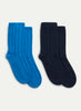 JANECARR - Set Of Two Men’s Cable Cashmere Lounge Socks, Navy And Turquoise - Flat Pair