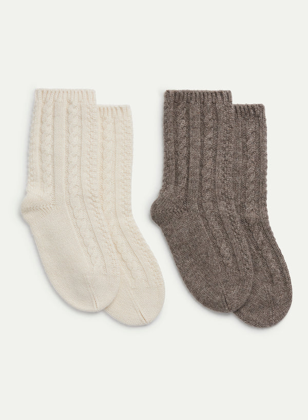 JANECARR - Set Of Two Women’s Cable Cashmere Lounge Socks, Wood And White  - Flat Pair