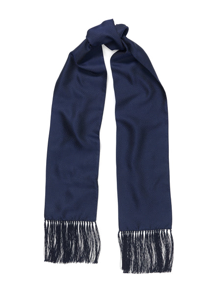 THE POLKA DOT FRINGED SILK SCARF - Navy and white pure silk jacquard scarf - Tied