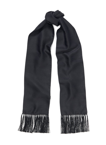 THE POLKA DOT FRINGED SILK SCARF - Black and white pure silk jacquard scarf - Tied