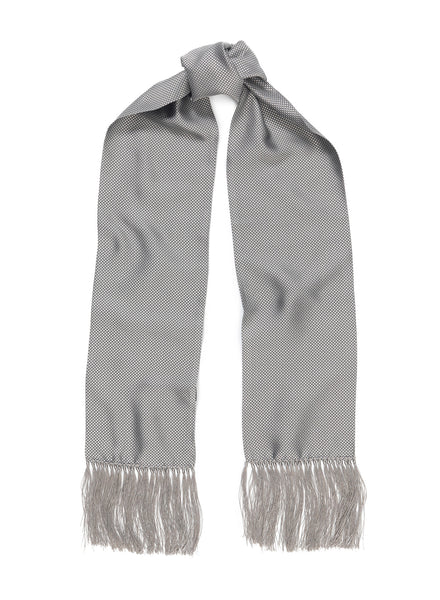 THE POLKA DOT FRINGED SILK SCARF - Silver grey and white pure silk jacquard scarf - Tied