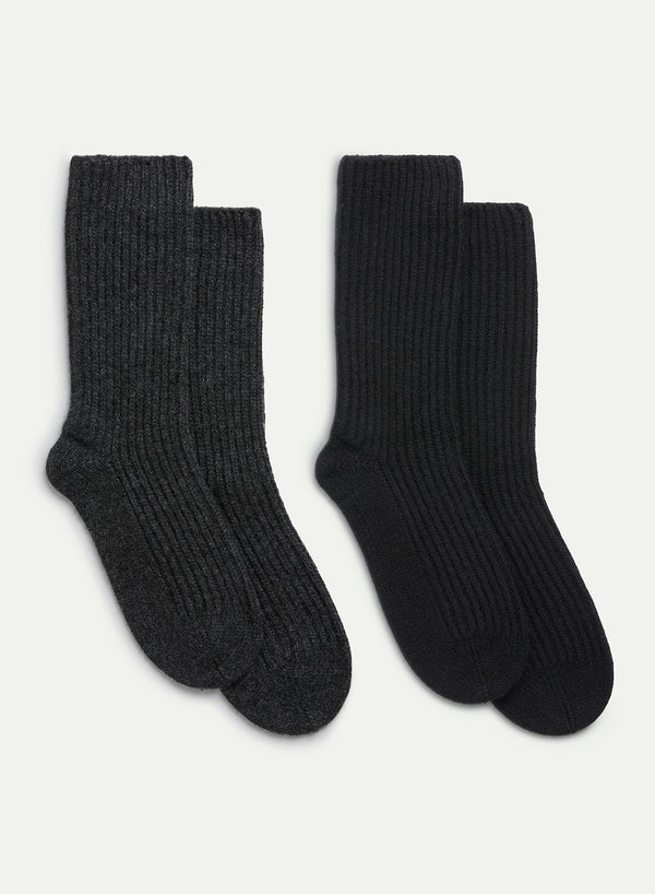 JANECARR - Set Of Two Men’s Ribbed Cashmere Lounge Socks, Charcoal And Black - Flat Pair