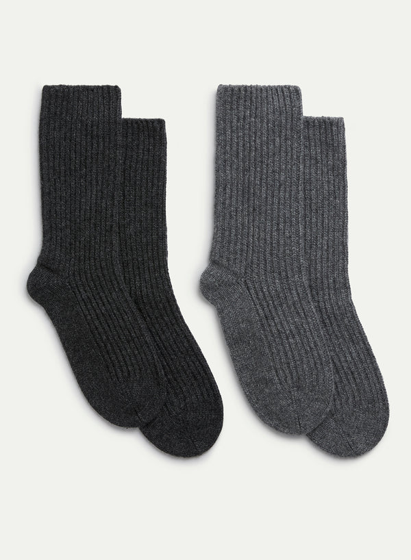 JANECARR - Set Of Two Women’s Ribbed Cashmere Lounge Socks, Charcoal And Grey - Flat Pair
