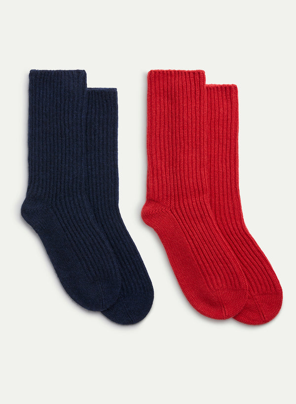JANECARR - Set Of Two Men’s Ribbed Cashmere Lounge Socks, Navy And Scarlet - Flat Pair