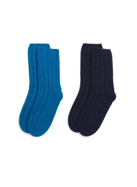 JANECARR - Set Of Two Men’s Cable  Cashmere Socks, Navy And Turquoise - Two Pairs