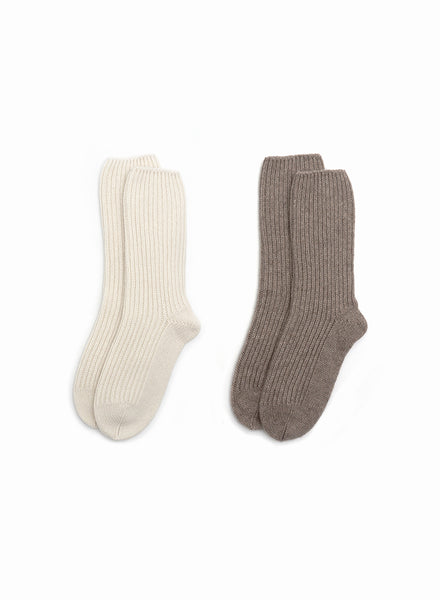 JANECARR - Set Of Two Women’s Ribbed Cashmere Socks, Taupe and white- Two pairs 