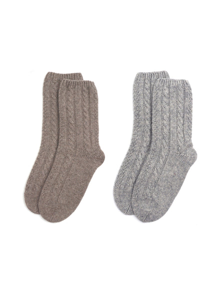 JANECARR - Set Of Two Women’s Cable  Cashmere Socks, Mist And Taupe - Two Pair