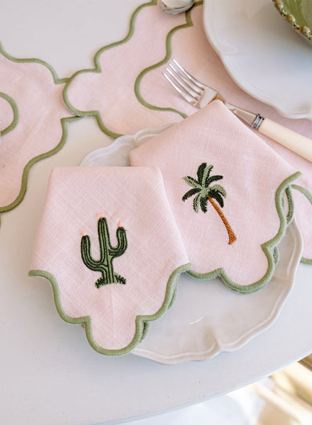 MARIAIDA - Set of Four Ondulado Light Pink Cactus and Palm Tree Linen Napkins - Lifestyle 3
