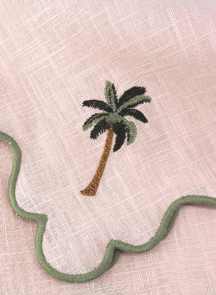 MARIAIDA - Set of Four Ondulado Light Pink Cactus and Palm Tree Linen Napkins - Palm Tree - Detail