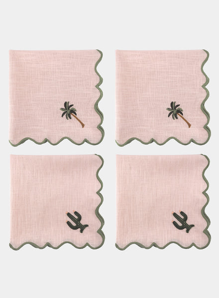 MARIAIDA - Set of Four Ondulado Light Pink Cactus and Palm Tree Linen Napkins - Set