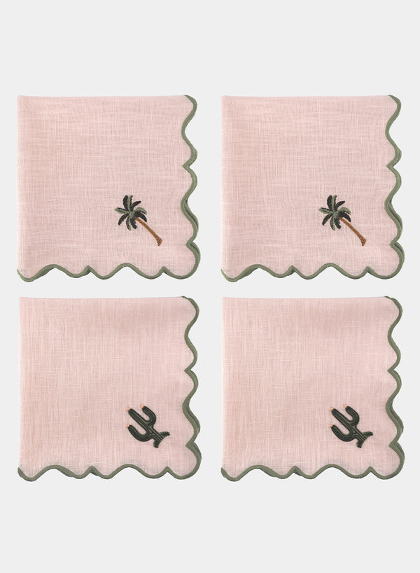 MARIAIDA - Set of Four Ondulado Light Pink Cactus and Palm Tree Linen Napkins - Set