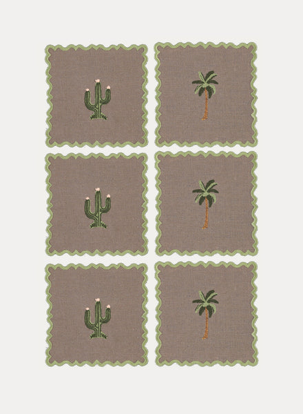 MARIAIDA - Set of Six Ondulado Brown Cactus and Palm Tree Cocktail Napkins - Set