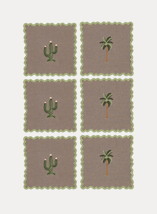 MARIAIDA - Set of Six Ondulado Brown Cactus and Palm Tree Cocktail Napkins - Set