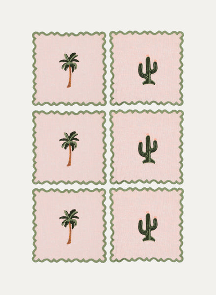 MARIAIDA - Set of Six Ondulado Light Pink Cactus Palm Tree and Cocktail Napkins - Set