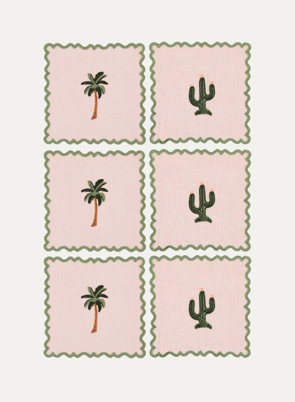 MARIAIDA - Set of Six Ondulado Light Pink Cactus Palm Tree and Cocktail Napkins - Set