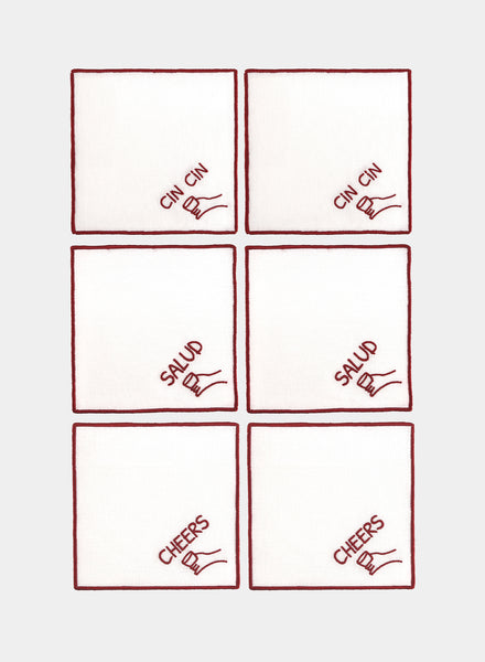 MARIAIDA - Set of Six Toast Cocktail Napkins, Salut, Cin Cin, Cheers - Set