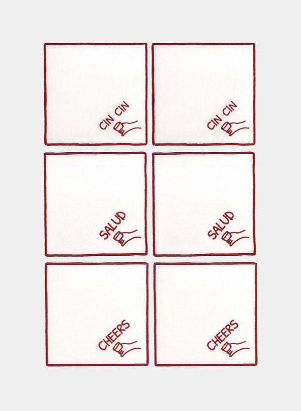 MARIAIDA - Set of Six Toast Cocktail Napkins, Salut, Cin Cin, Cheers - Set