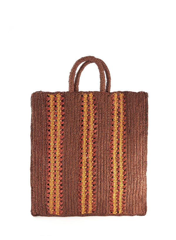 MILENO TOTE - Medium striped raffia tote in marron, rust and ochre - front