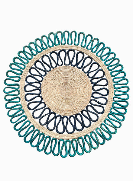 SET OF TWO MAGNOLIA PLACEMATS - Pair of large, hand-woven raffia placemats in aquamarine and navy - one