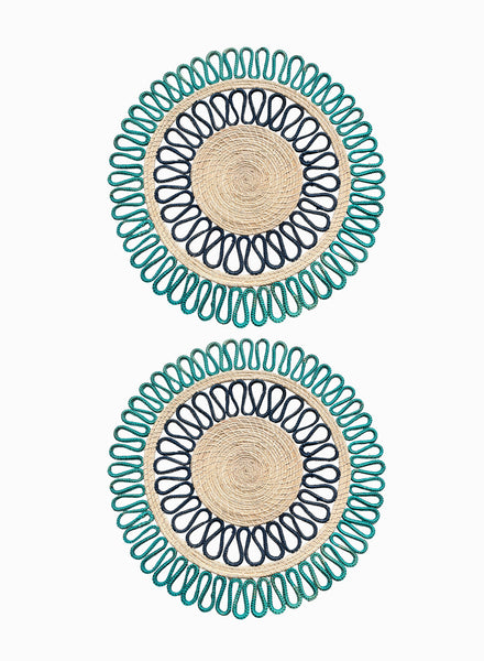 SET OF TWO MAGNOLIA PLACEMATS - Pair of large, hand-woven raffia placemats in aquamarine and navy - two