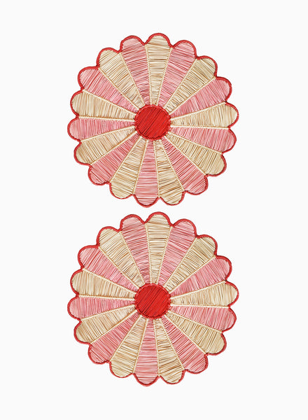 SET OF TWO MARGARITA PLACEMATS - Pair of large, hand woven raffia placemats in pink and red - two