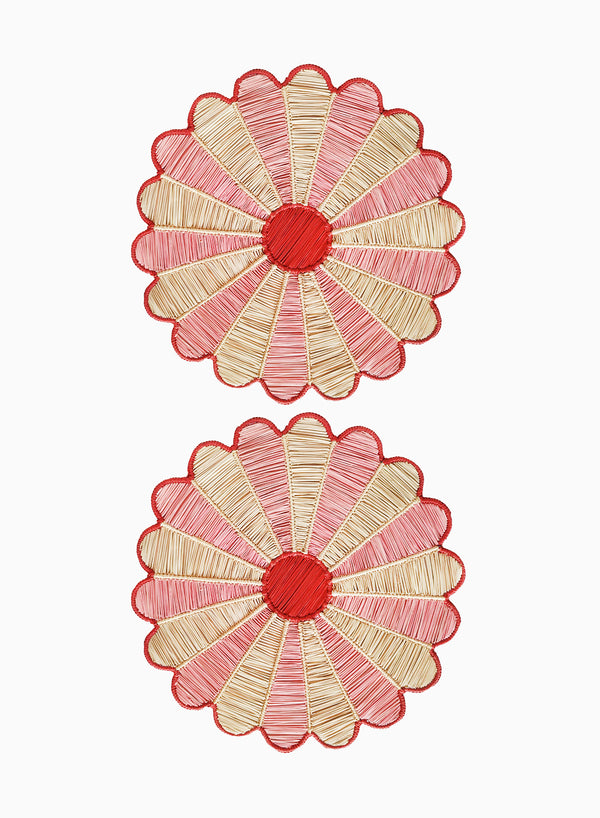 SET OF TWO MARGARITA PLACEMATS - Pair of large, hand woven raffia placemats in pink and red - two