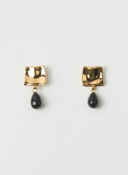 REJINA PYO - Gold Plated Folded Drop Earrings with Black Onyx - 1