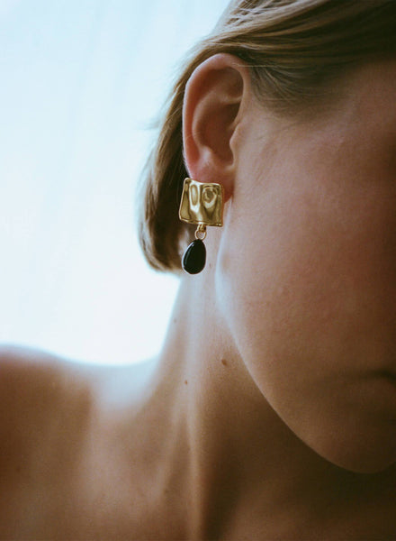 REJINA PYO - Gold Plated Folded Drop Earrings with Black Onyx - 2