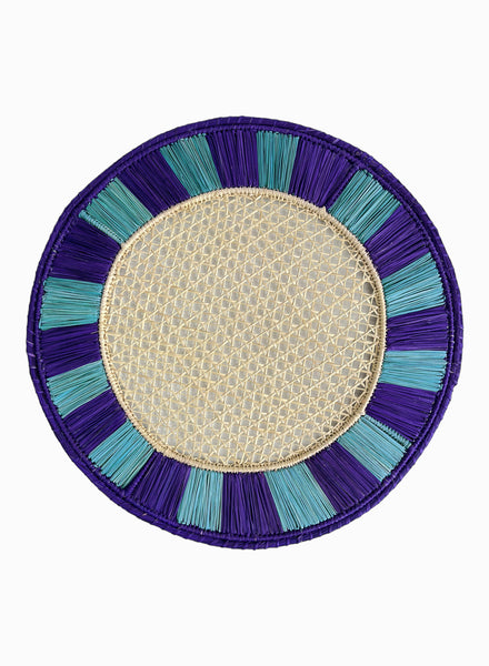 SET OF TWO TWIST PLACEMATS - Pair of large, hand woven raffia placemats in purple and blue - one