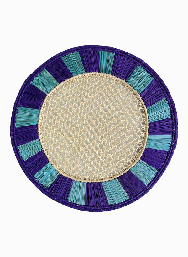 SET OF TWO TWIST PLACEMATS - Pair of large, hand woven raffia placemats in purple and blue - one