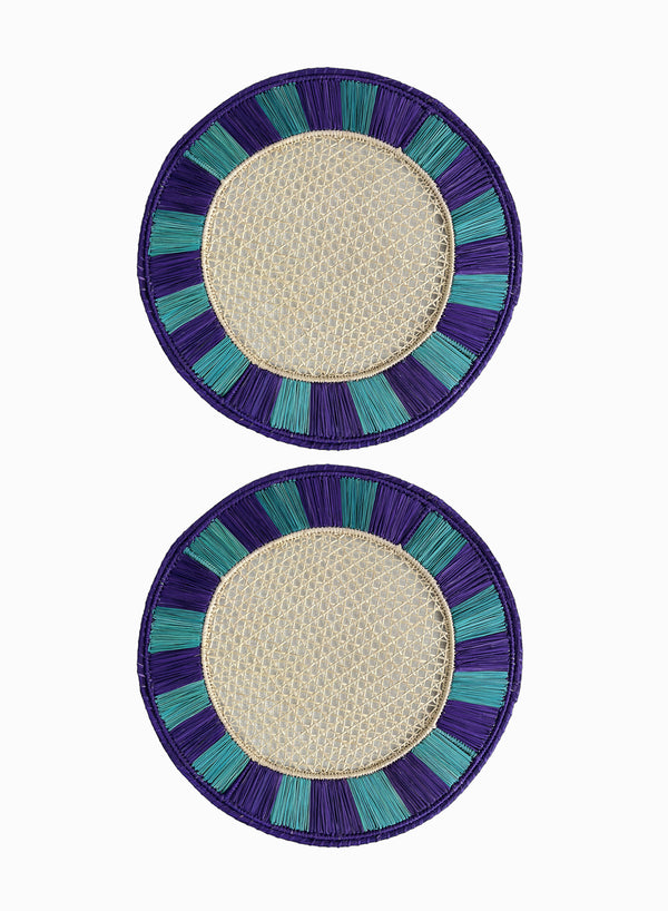 SET OF TWO TWIST PLACEMATS - Pair of large, hand woven raffia placemats in purple and blue - two