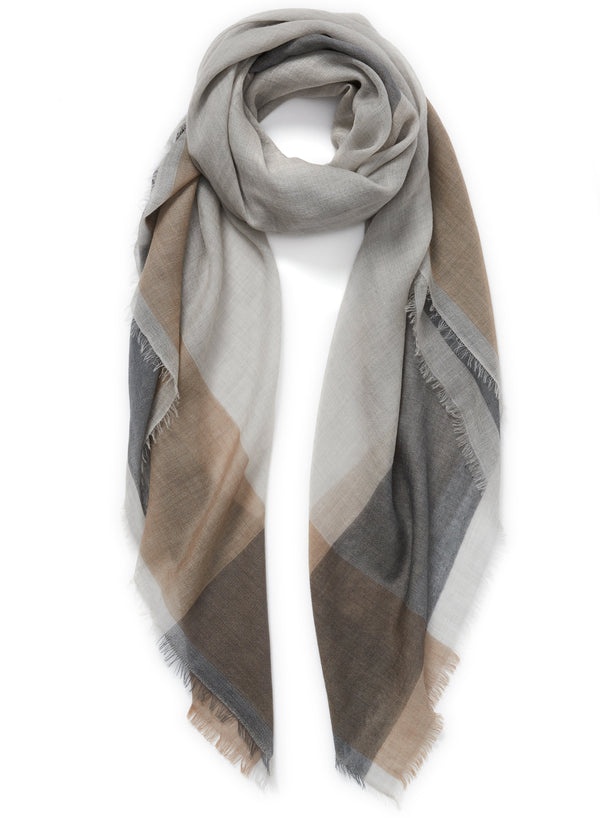 JANE CARR The Frame Square in Mist, Grey and taupe frame border cashmere scarf – tied