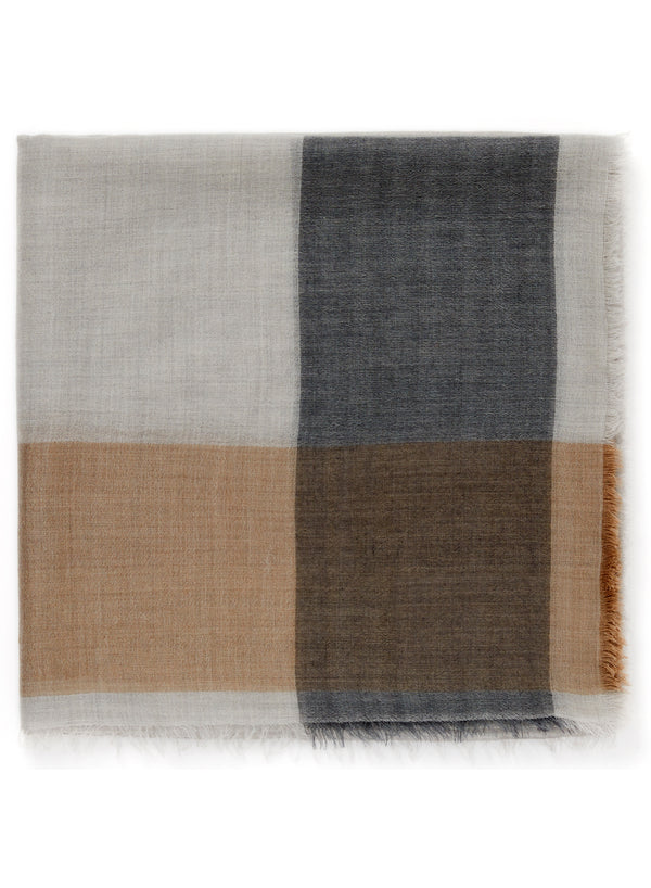 JANE CARR The Frame Square in Mist, Grey and taupe frame border cashmere scarf – folded