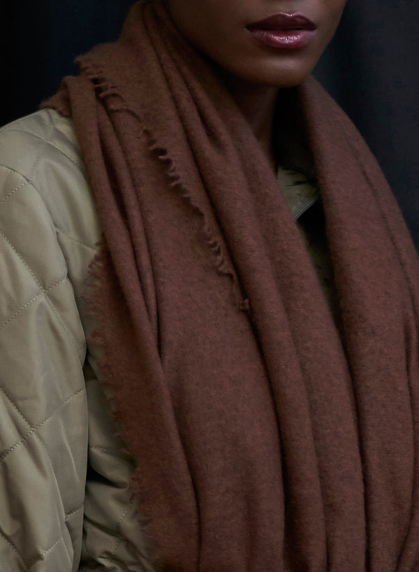 JANE CARR The Luxe in Chocolate, brown oversized cashmere knit wrap – model