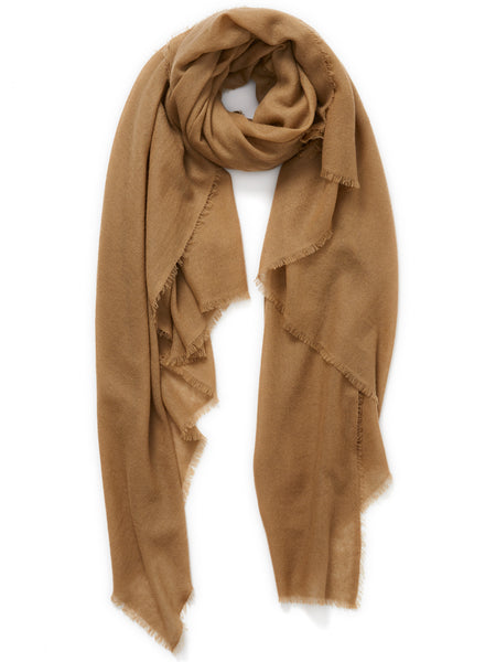 JANE CARR The Fray Wrap in Camel, woven pure cashmere scarf – tied