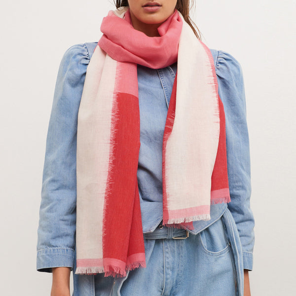 JANE CARR The Batik Wrap in Camellia, striped cotton scarf - model