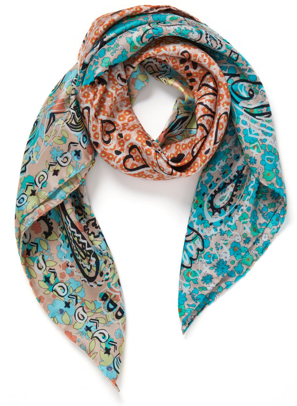 JANE CARR The Granny Smith Foulard in Crab, orange multicoloured printed silk twill scarf – tied