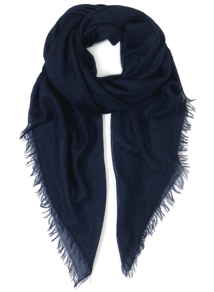 JANE CARR The Sheer Fray Square in Navy, dark blue super fine pure cashmere scarf – Tied